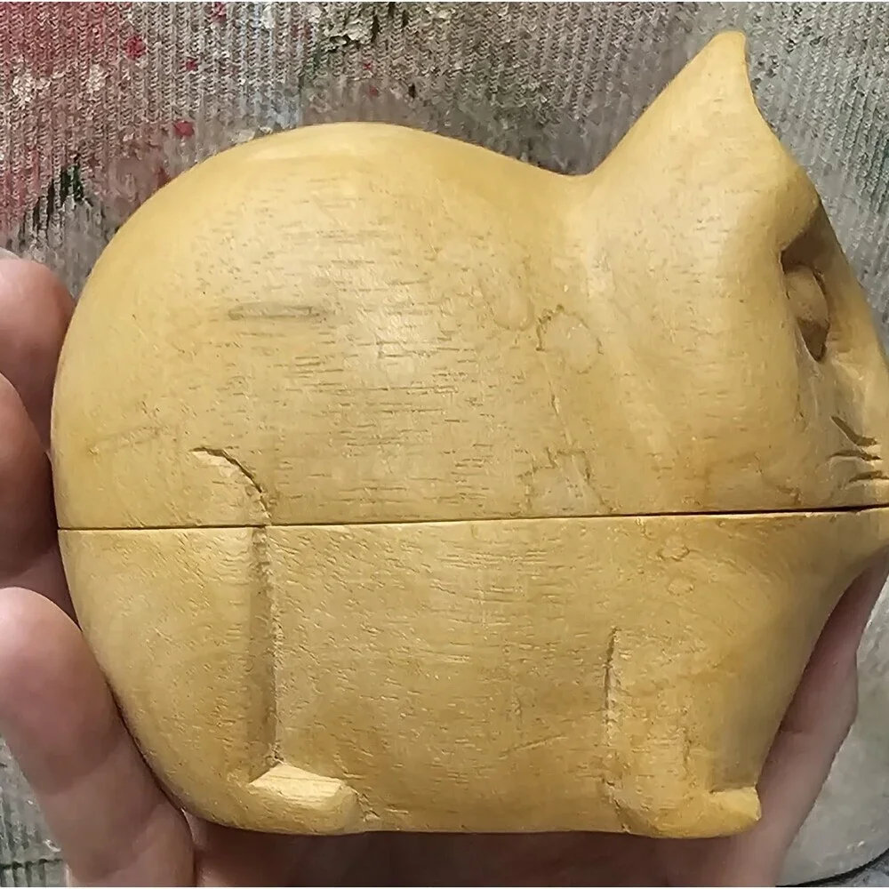 Arthur Court Designs 1980's Hand Carved Cat Wood Trinket Stash Box